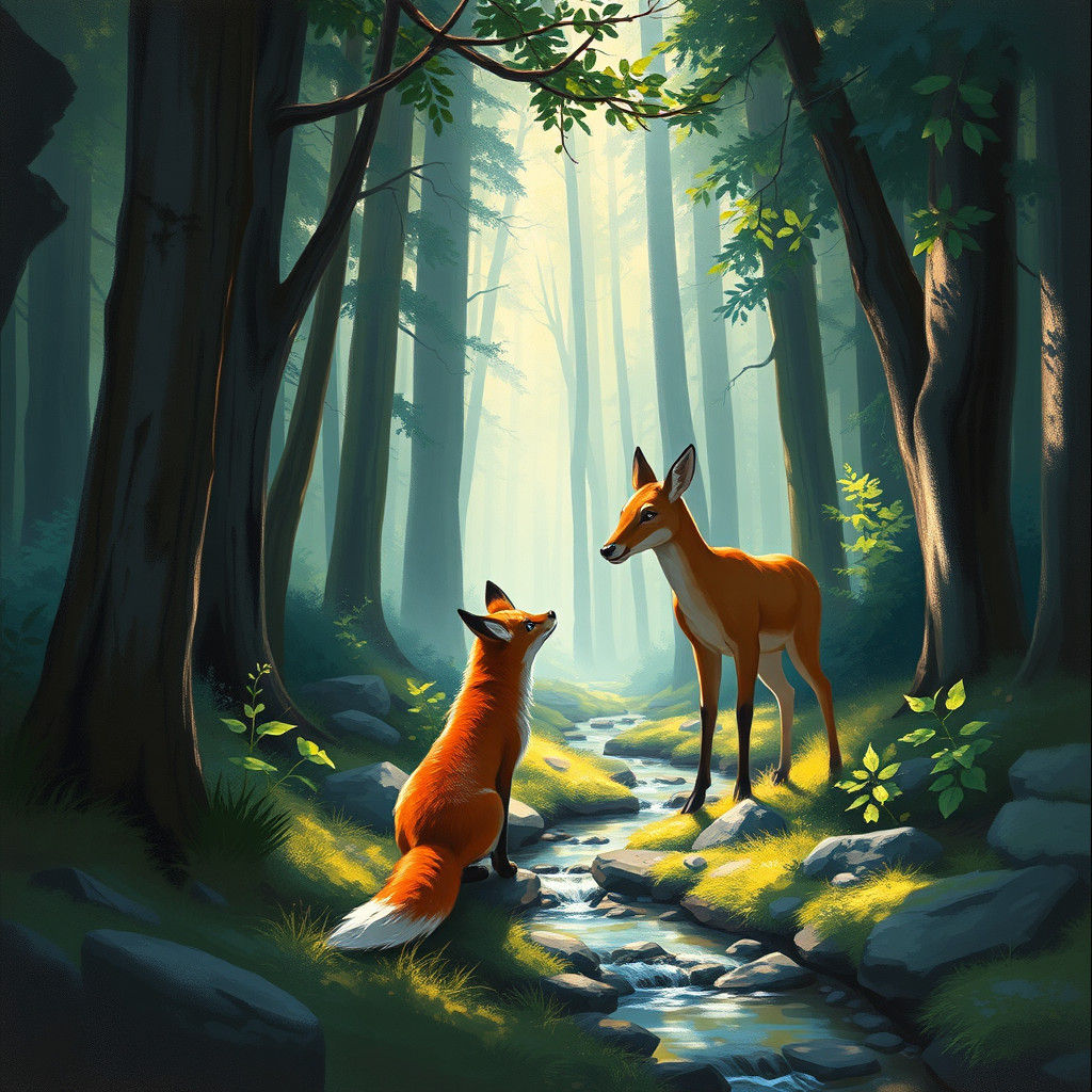 Deer and Fox Meeting in Forest: Anime-Inspired Painting