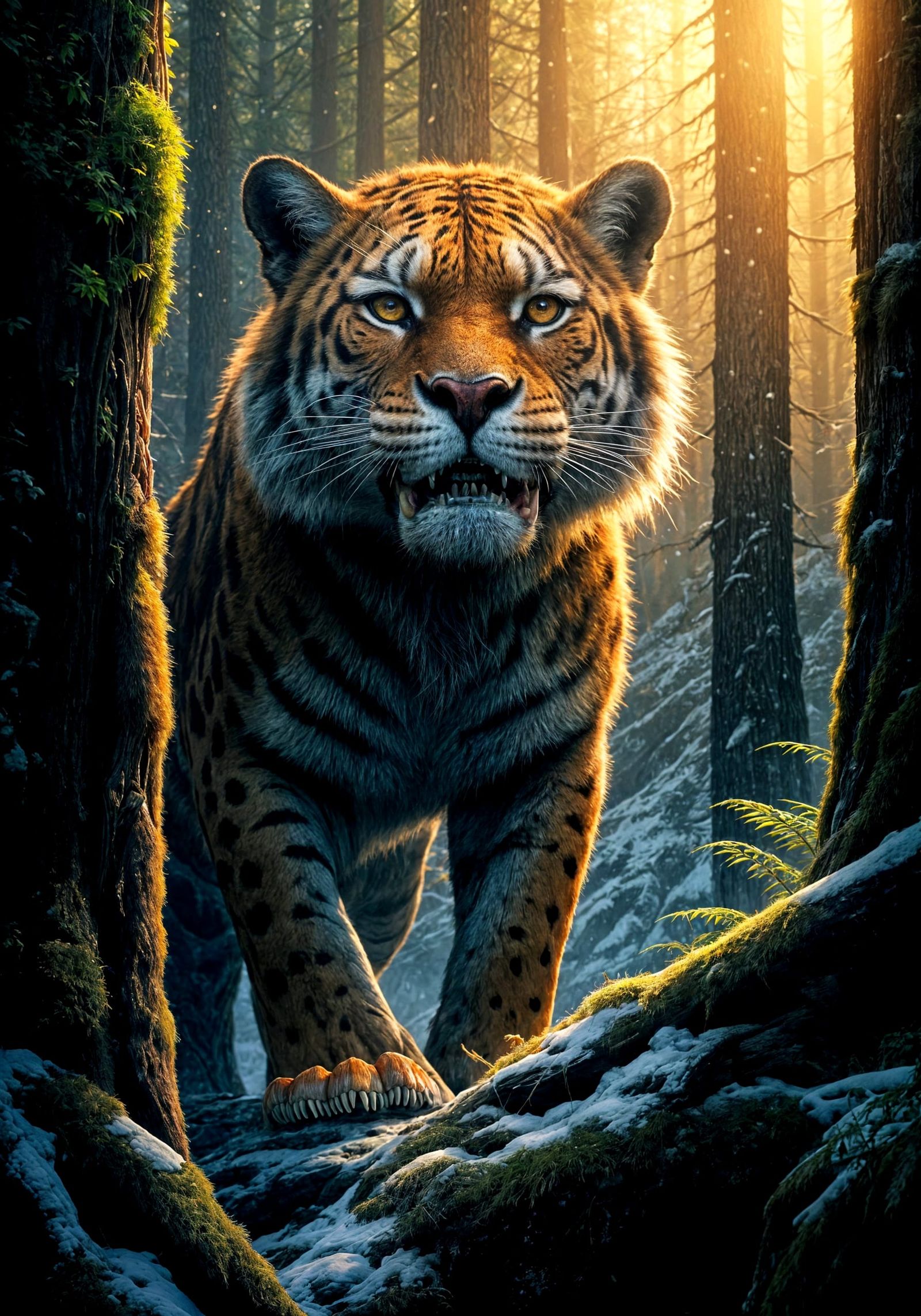 Low-Angle Portrait of a Roaring Sabertooth Tiger in a Winter...