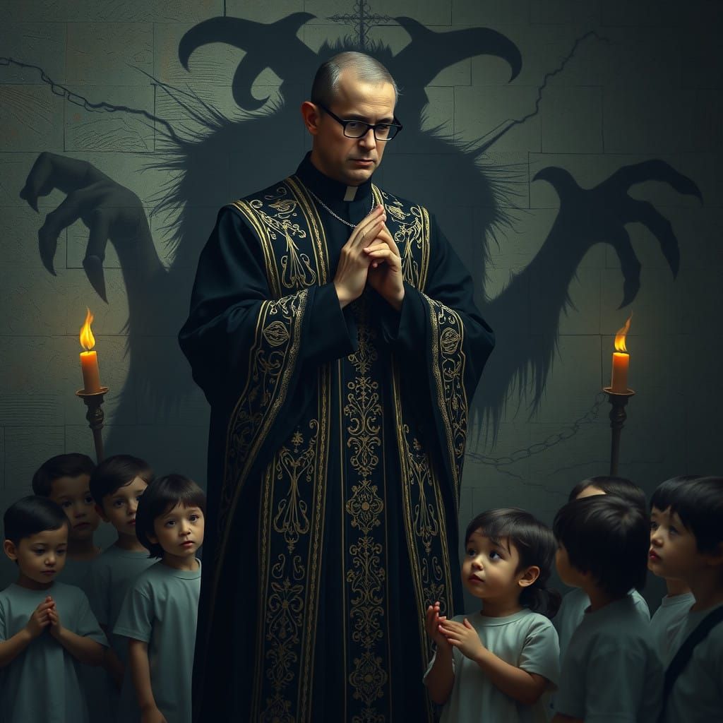 Priest Blessing Children with Demonic Shadow