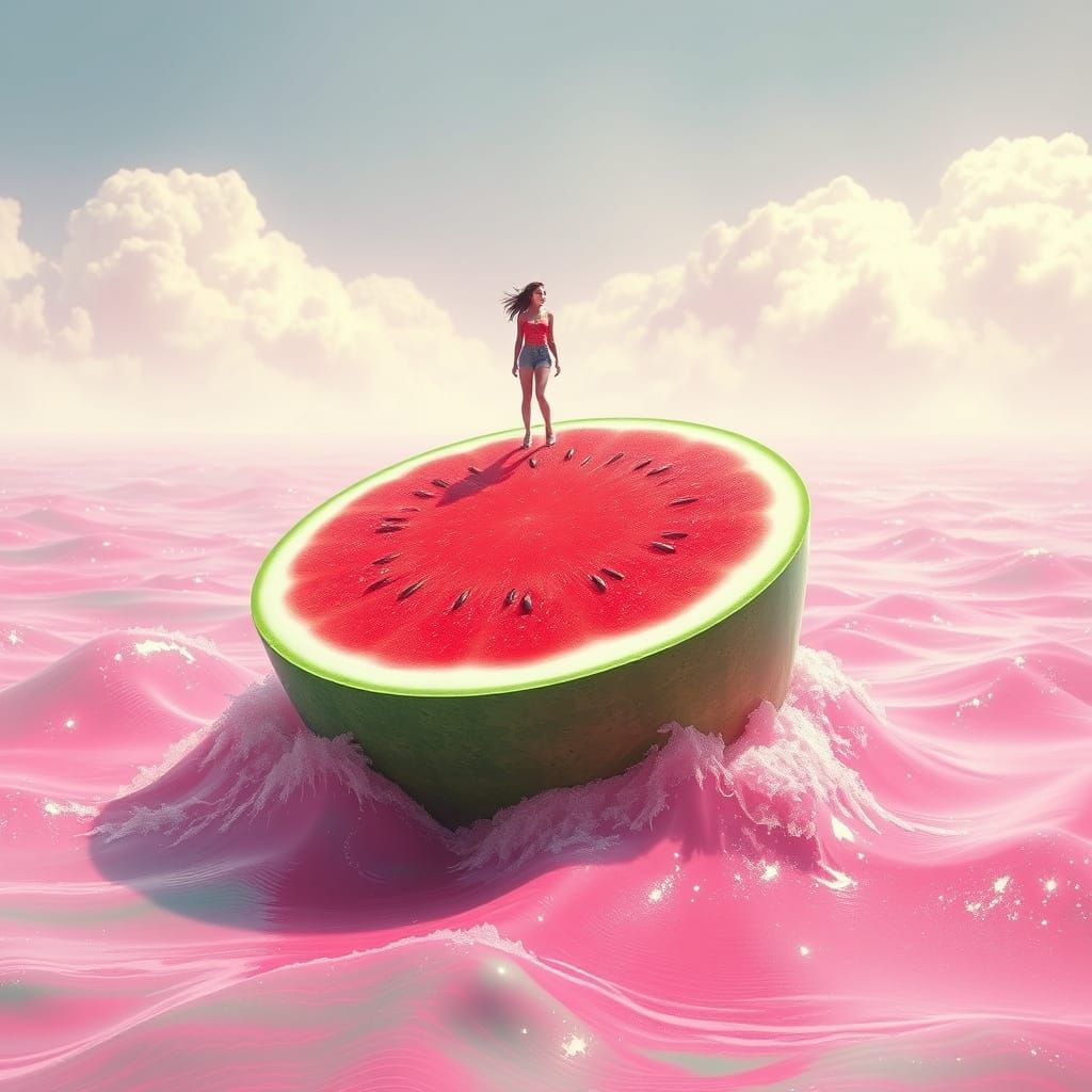 Surreal Watermelon Island Scene in Vibrant Dreamlike Style