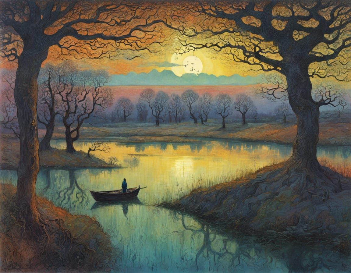 Landscape at Dusk with Majestic Oak Trees and Serene Lake