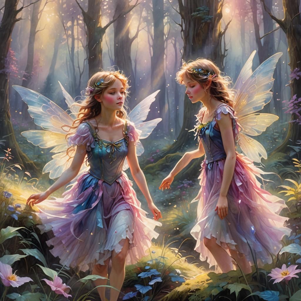 Fairies in Forest, Watercolor in 3D Realism