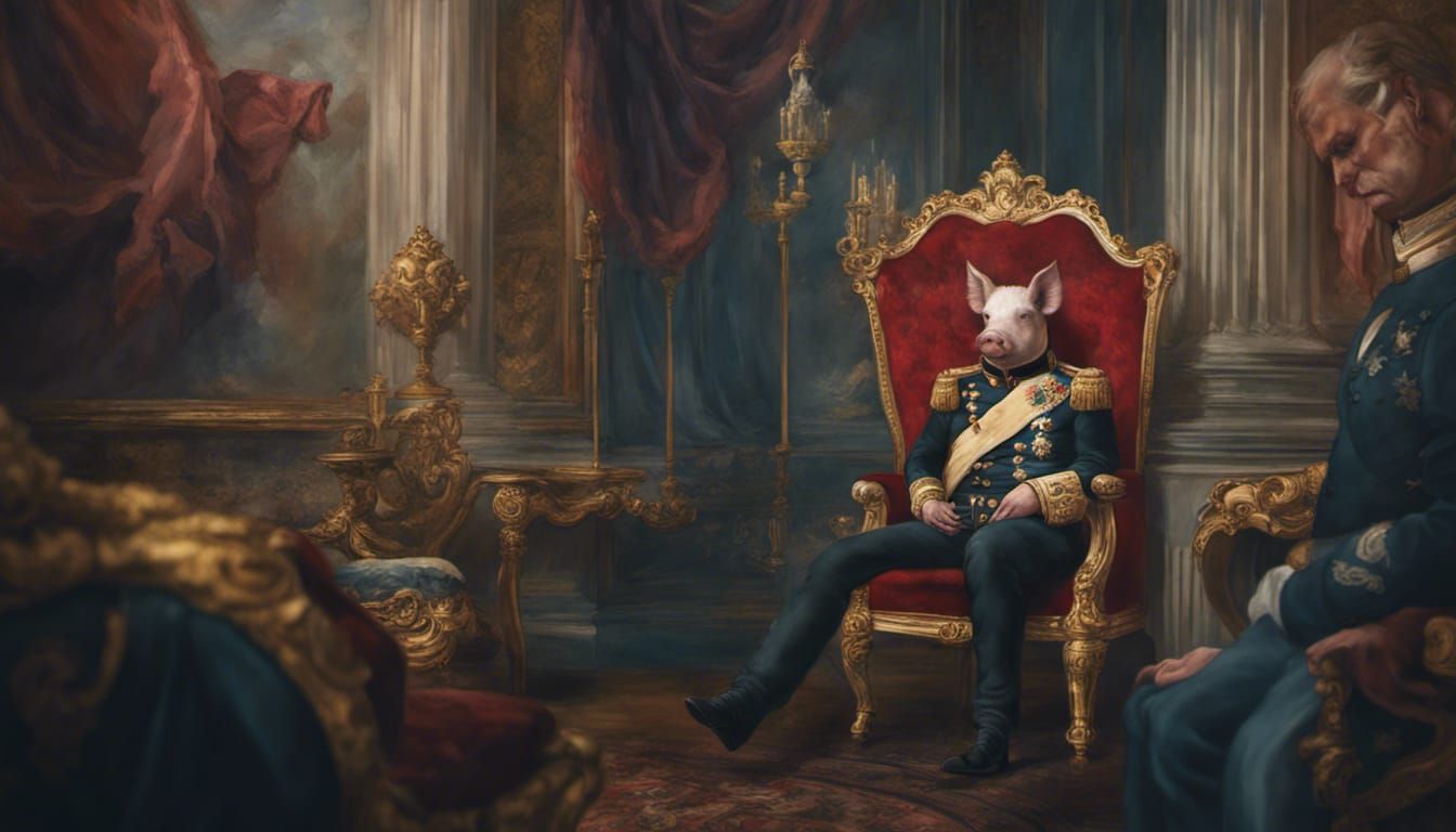 Pig-headed Napoleon on Throne in Hyperrealistic Splash Art