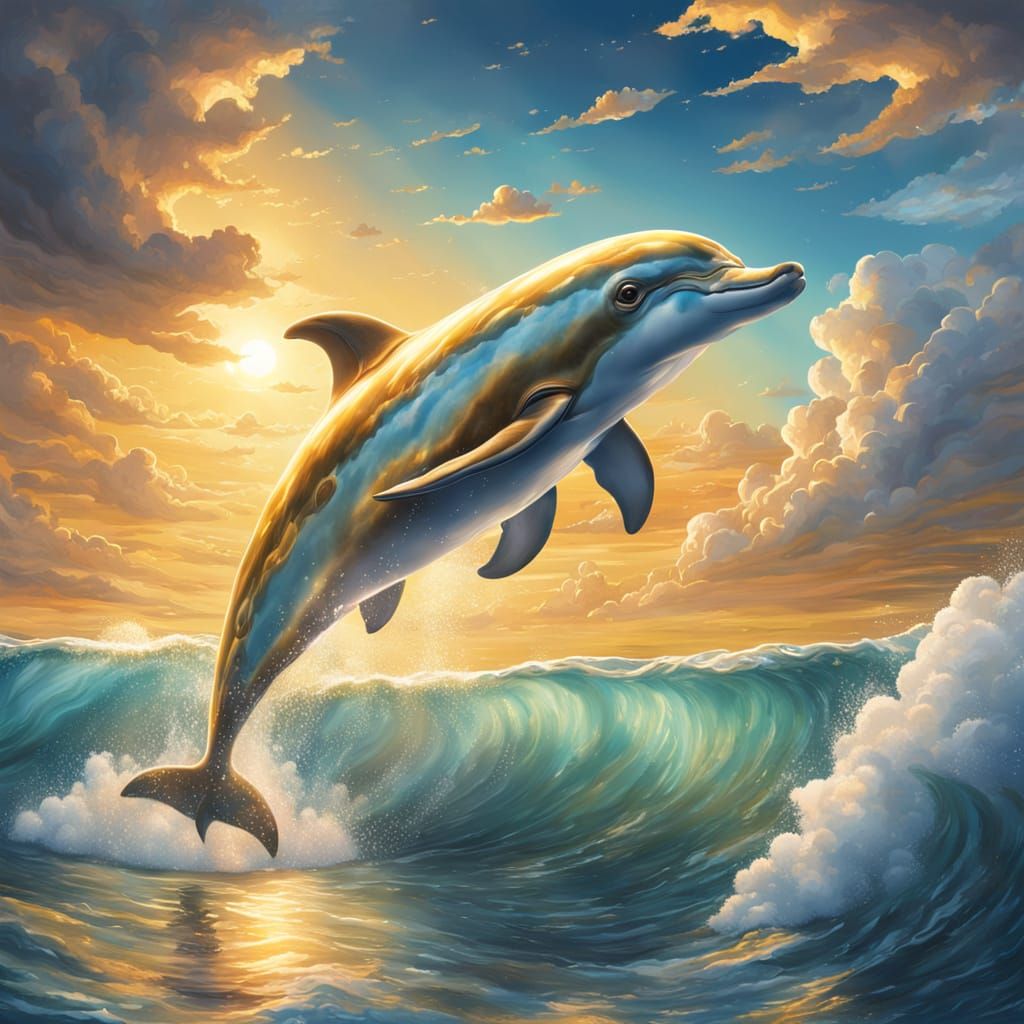 Golden Dolphin Leaps Through Luminous Sky