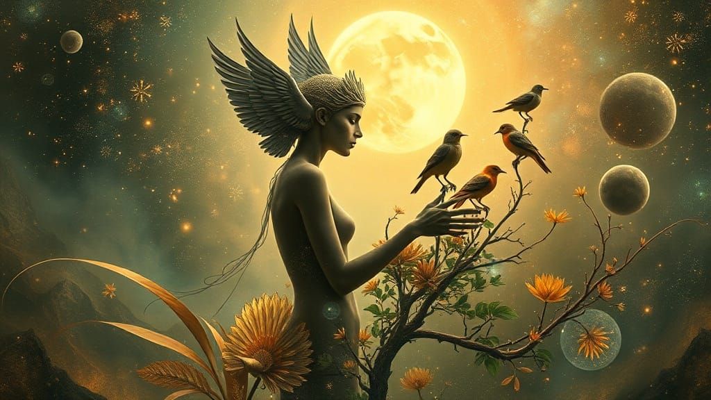 Ethereal Woman Carrying Birds In Dreamlike Mindscape