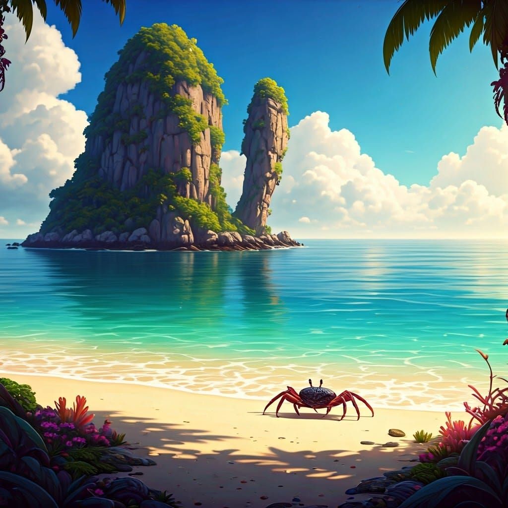 Tropical Beach Paradise with Crab, Fantasy Concept Art