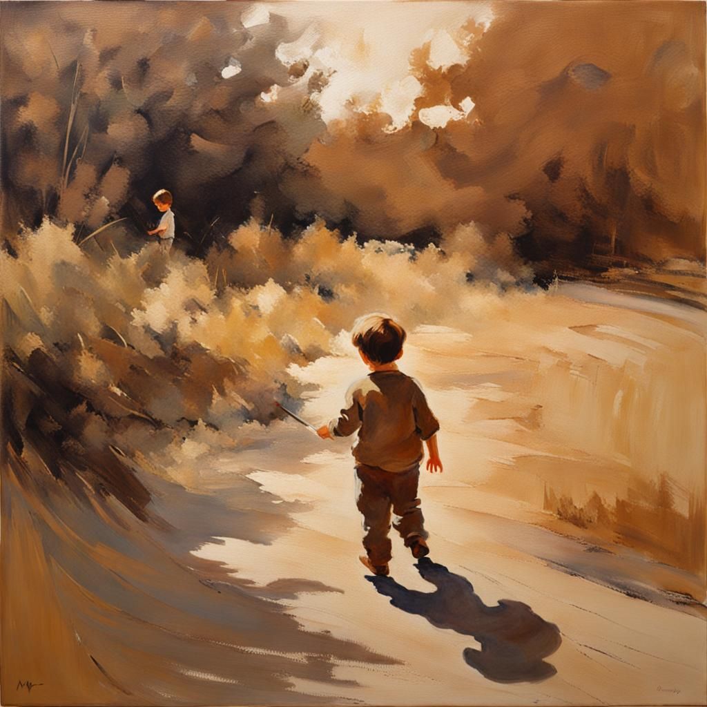 Impressionistic Painting of Boy Playing Indoors