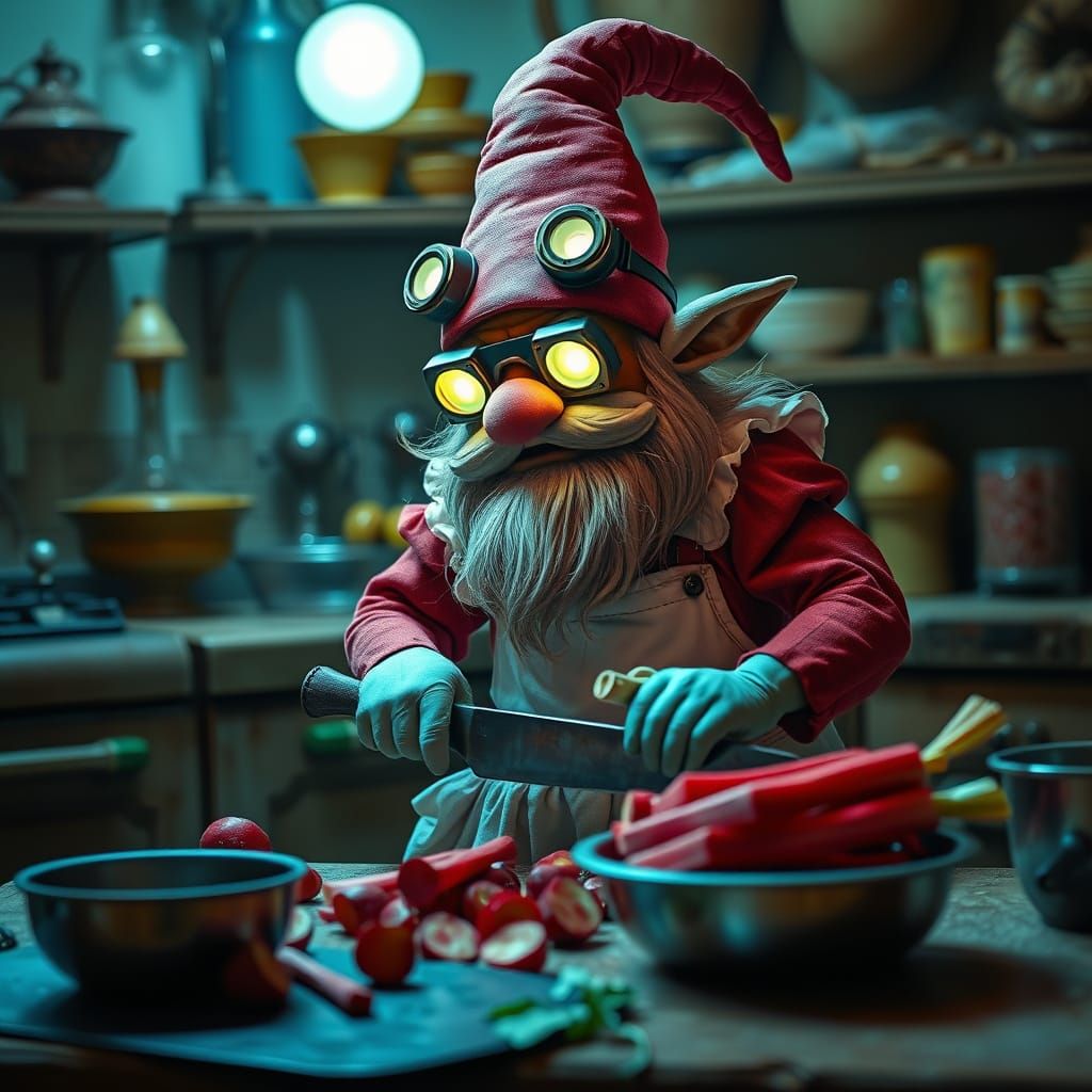 Gnome Chef Prepares Rhubarb Pie in Vintage Kitchen