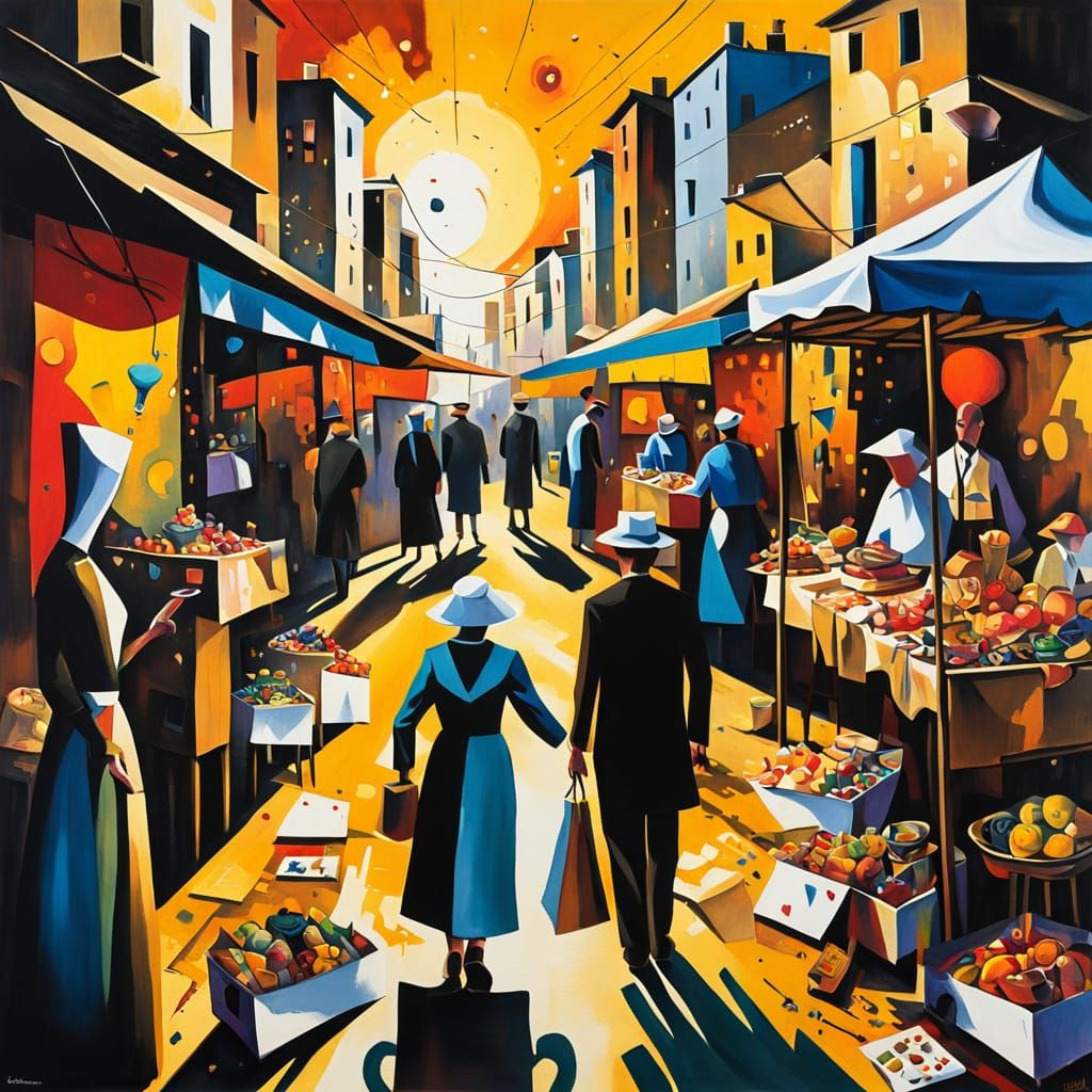 Surreal Street Market in Cubist Oil Painting Style