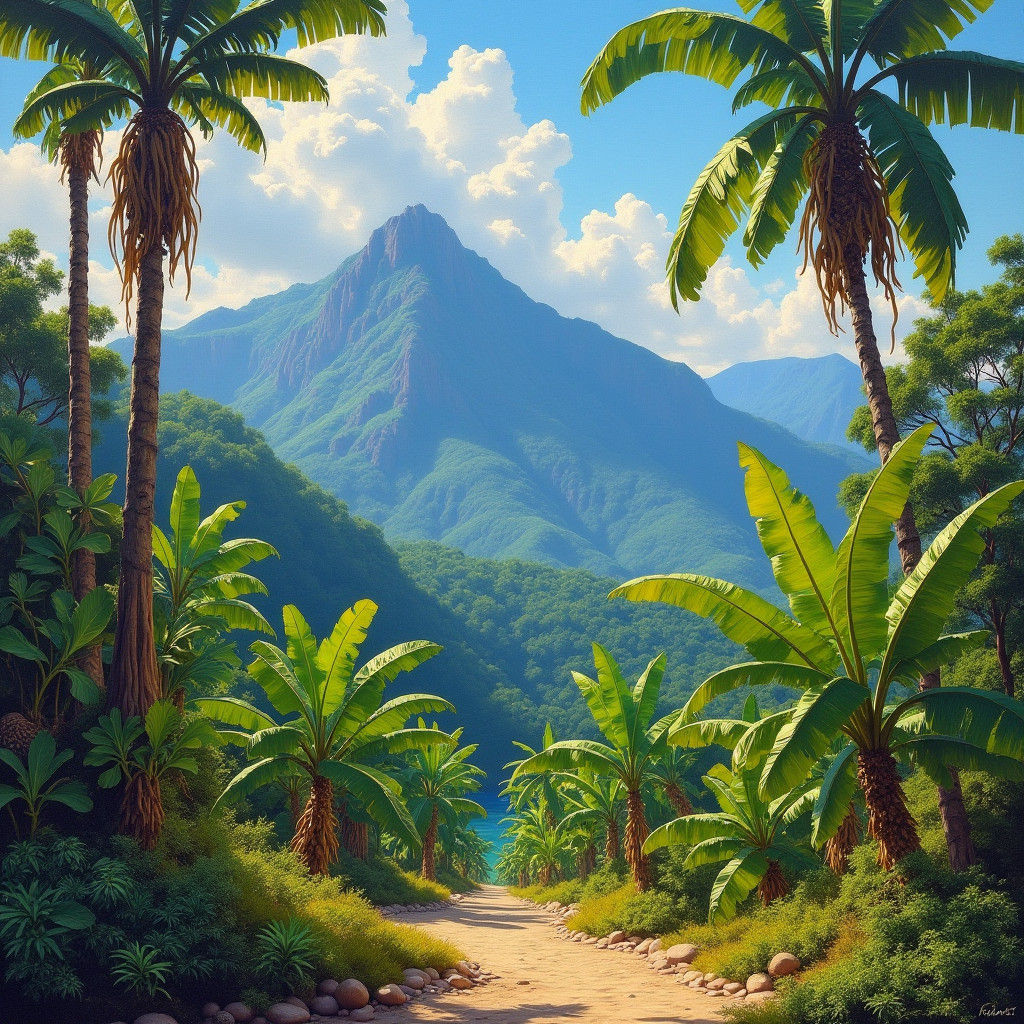 Tropical Mountain Paradise in Vivid Oil Painting