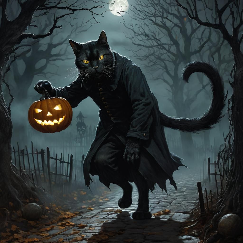 Black Cat Prowling on Halloween Night