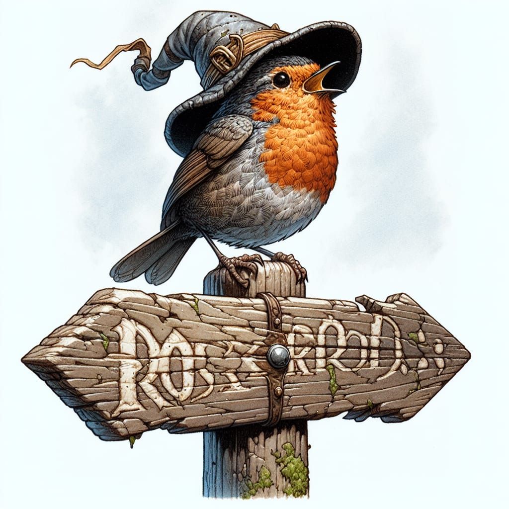 Bardic Robin Sings at Crossroads: Ink and Watercolor Art
