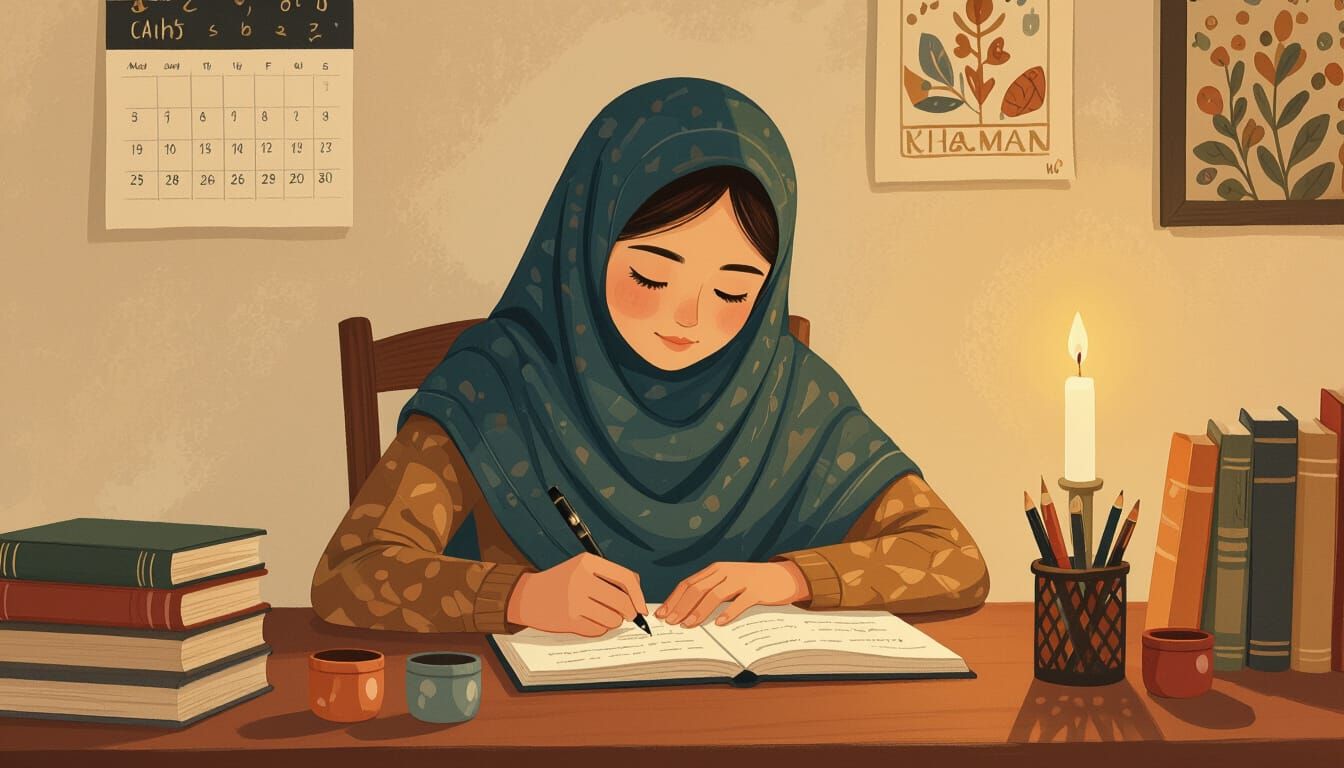 Cozy Illustration of a Muslim Girl Studying