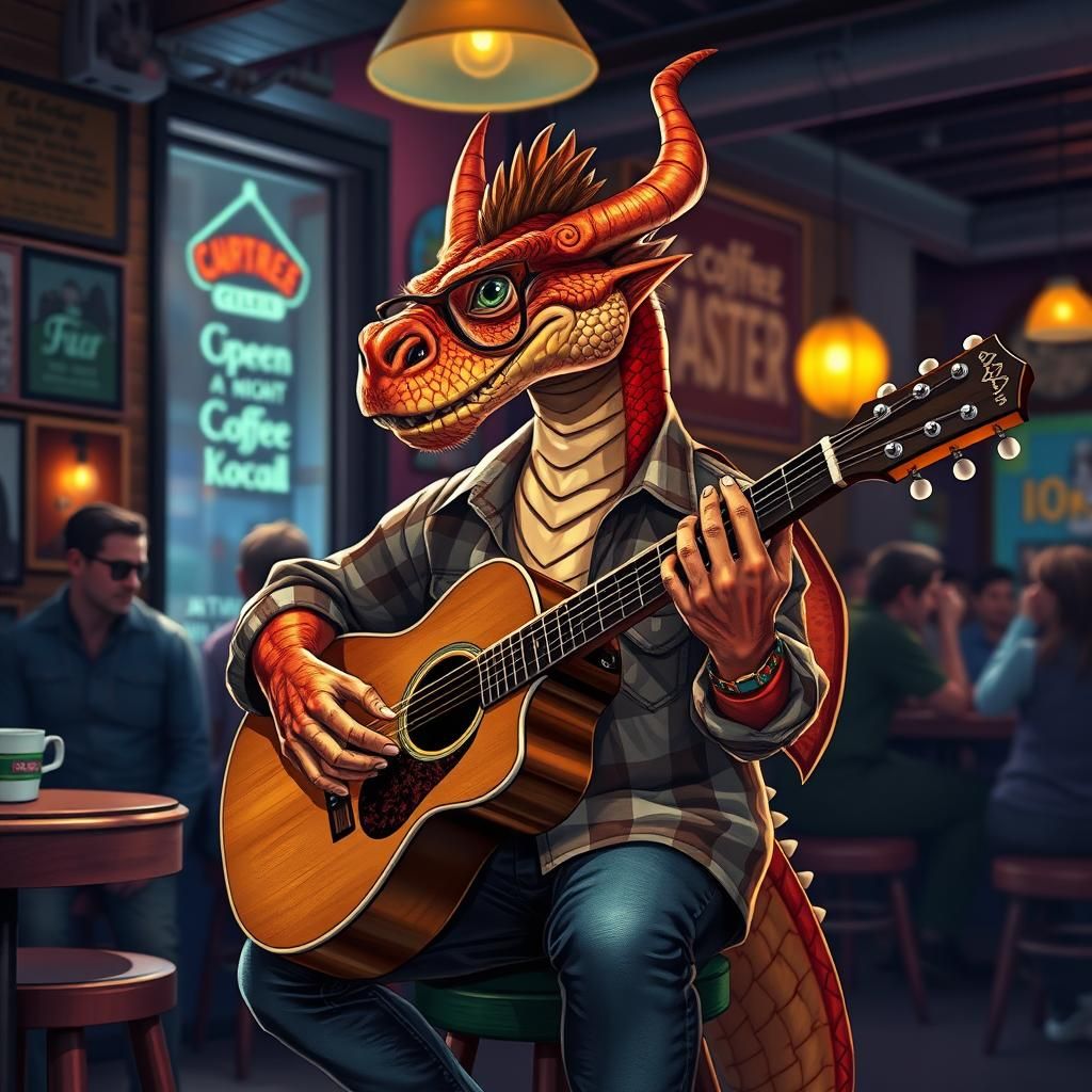 Hipster Dragon Plays Guitar in Coffee Shop: Hyperrealistic A...