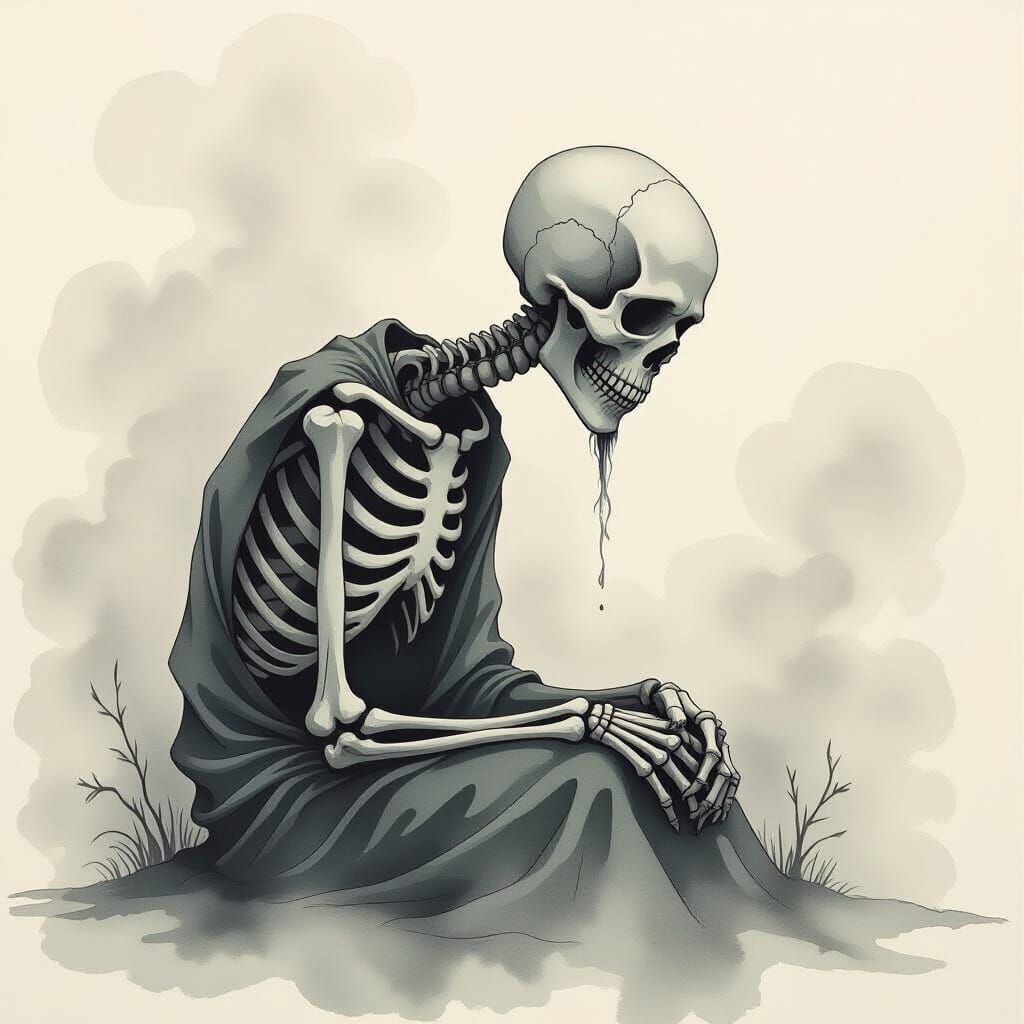 Melancholy Hungry Ghost in Fog: Ink and Watercolor