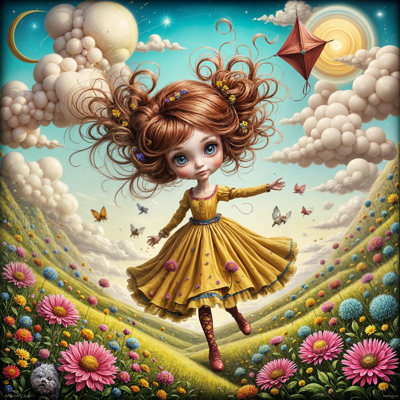 Girl with Shih Tzu Flying Kite in Wildflower Field