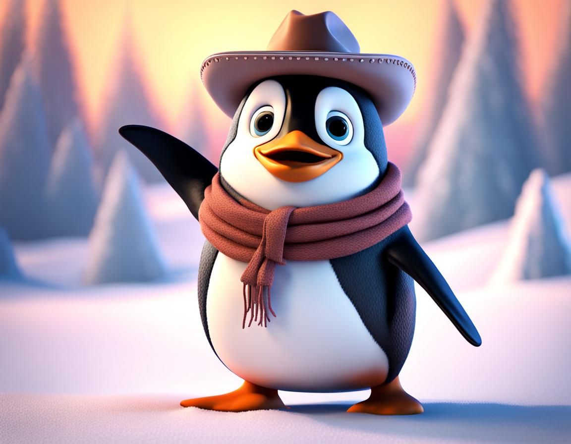 A penguin wearing a cowboy hat, dancing in the snow on a cle...