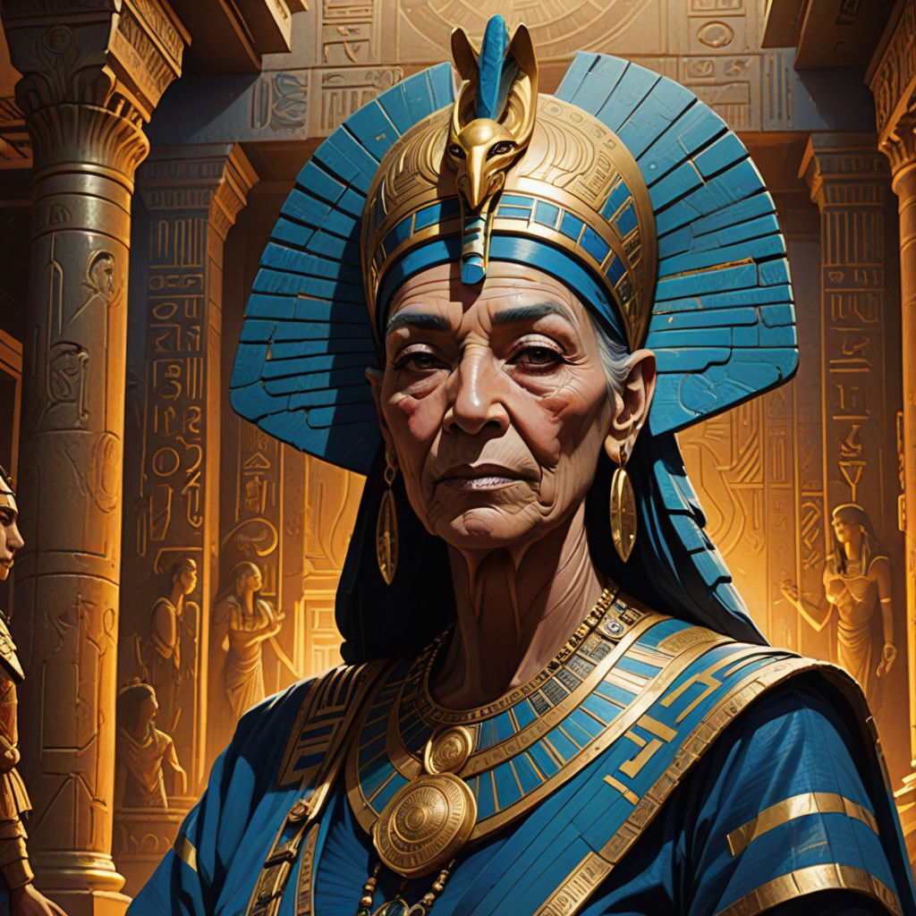 Regal Goddess Isis Bows to Adoring Priests