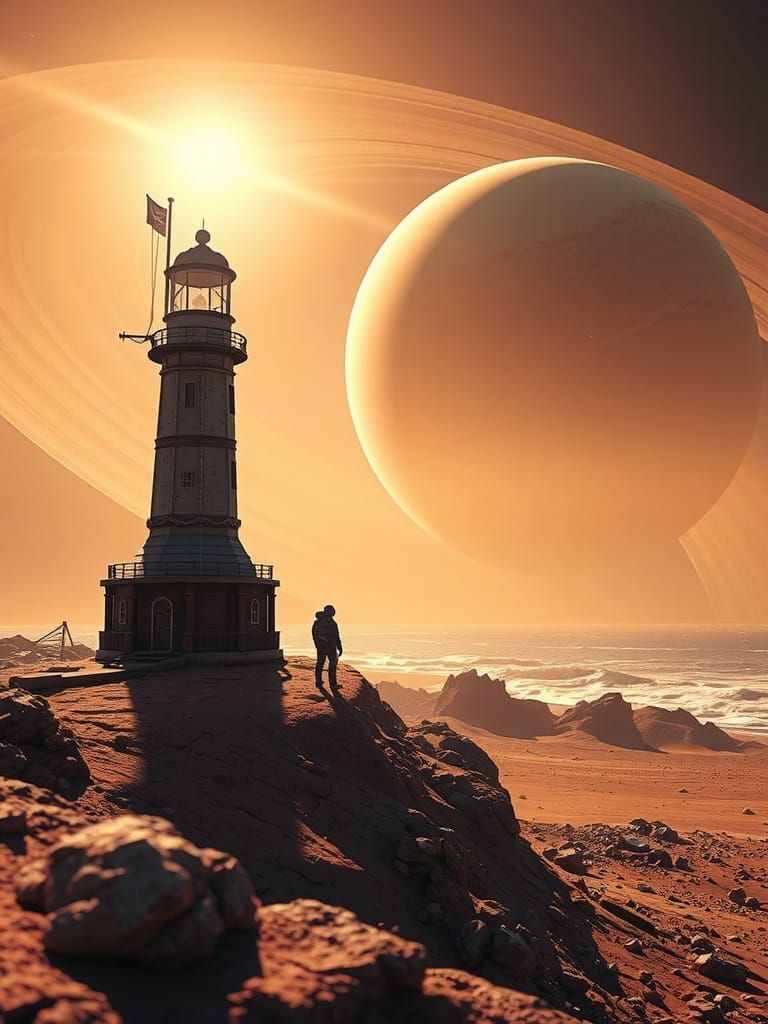 Martian Lighthouse with Saturn in Dreamlike 3D Animation
