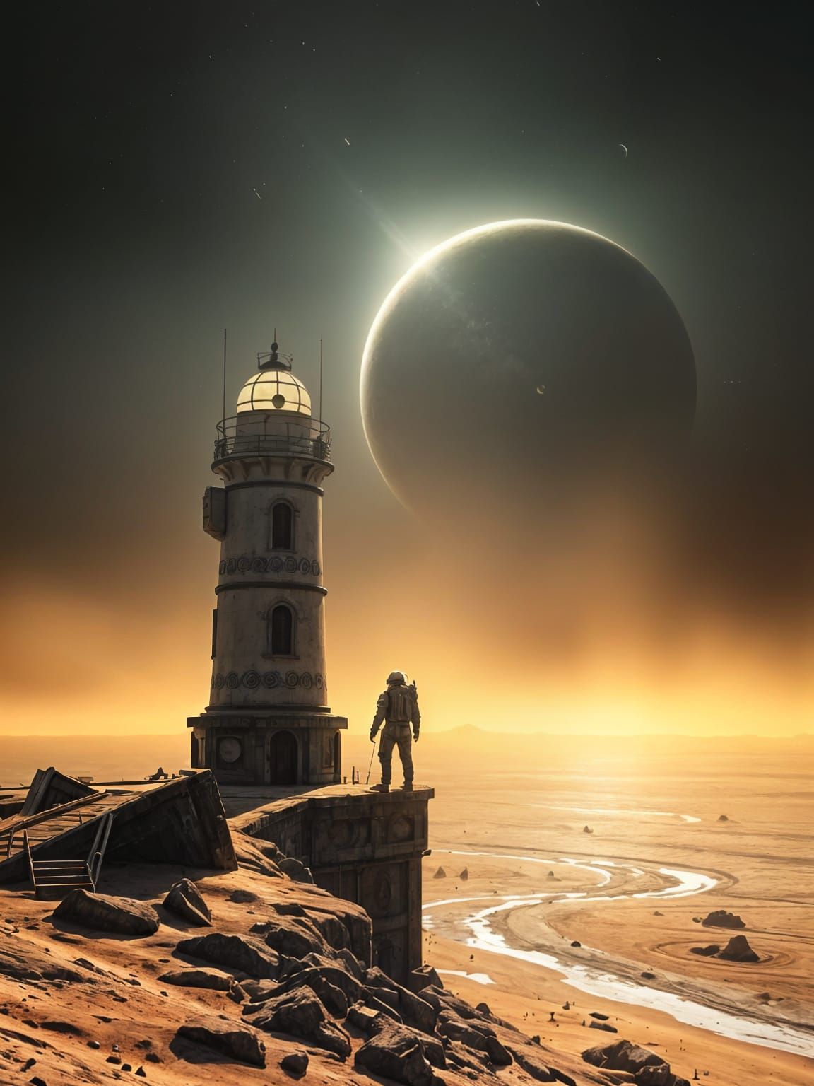 Martian Lighthouse with Rising Saturn in 3D