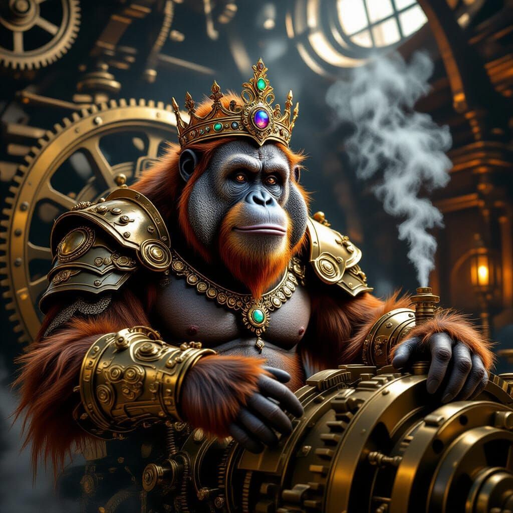 Orangutan King in Steampunk Engine Room