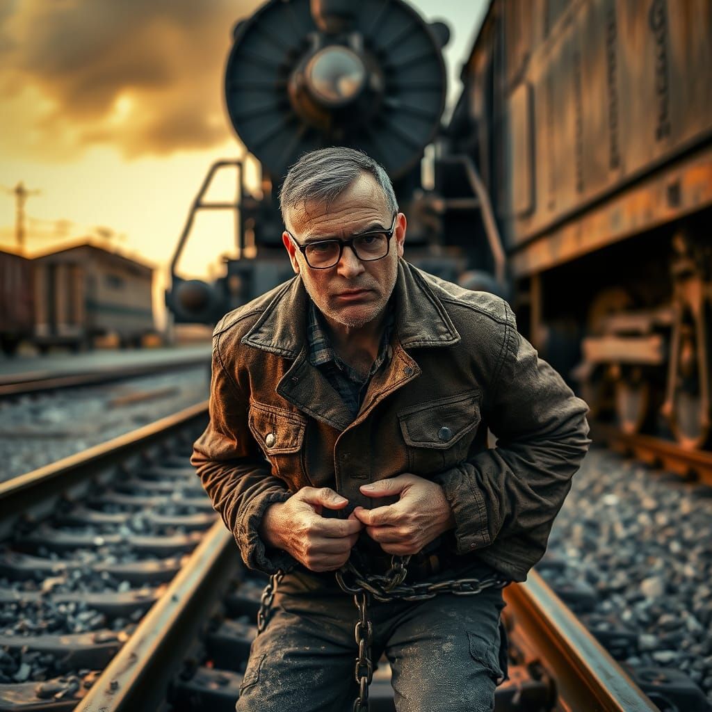 Desperate Man on Train Tracks in Cinematic Style