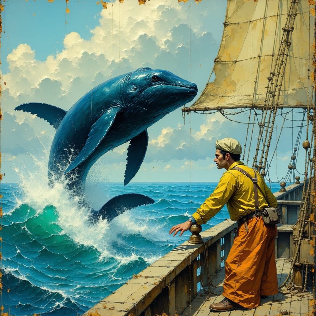 Whale Touches Sailor's Hand on Vintage Ship