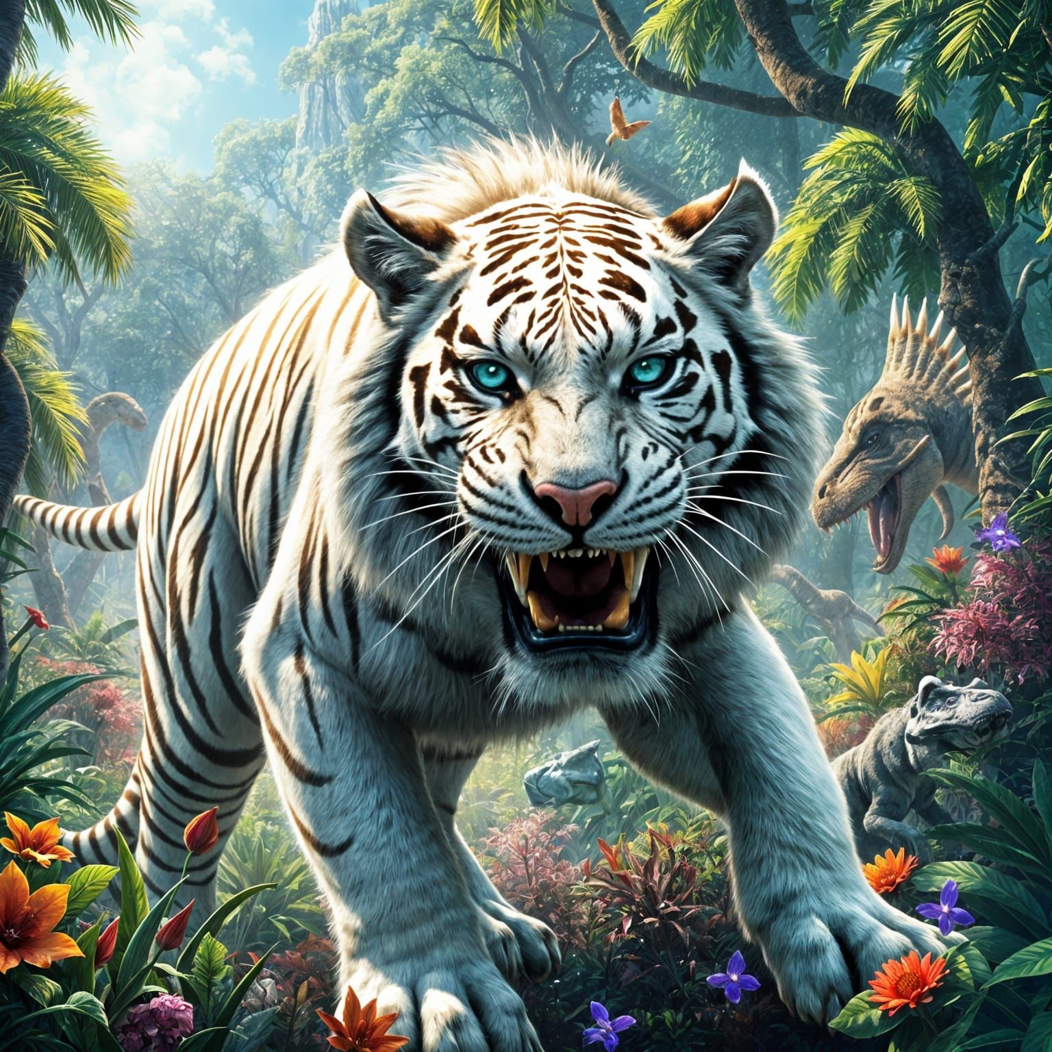 Fierce Prehistoric Saber Tooth Tiger Roars in Lush Jungle