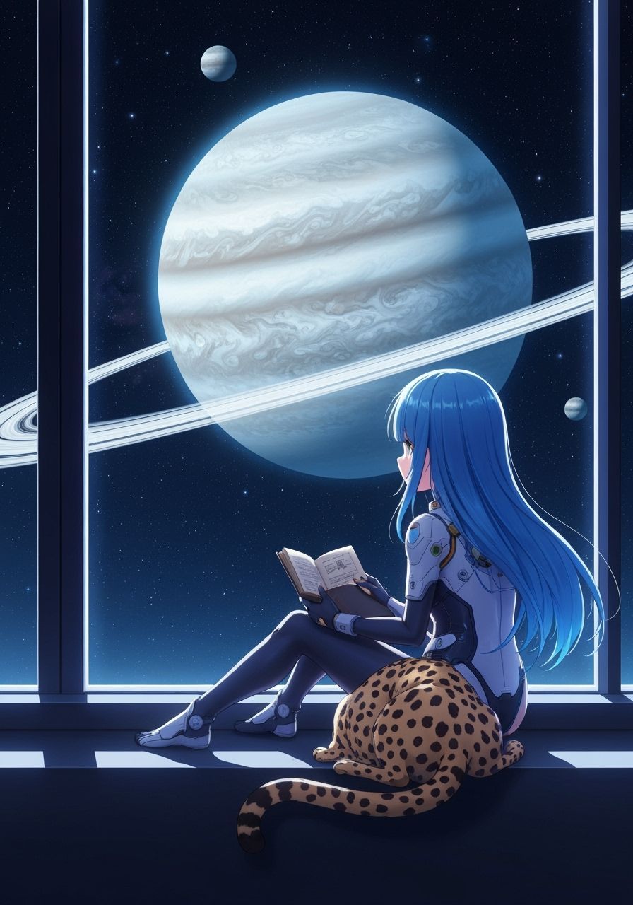Girl Gazes at Gas Giant in 3D Anime Style
