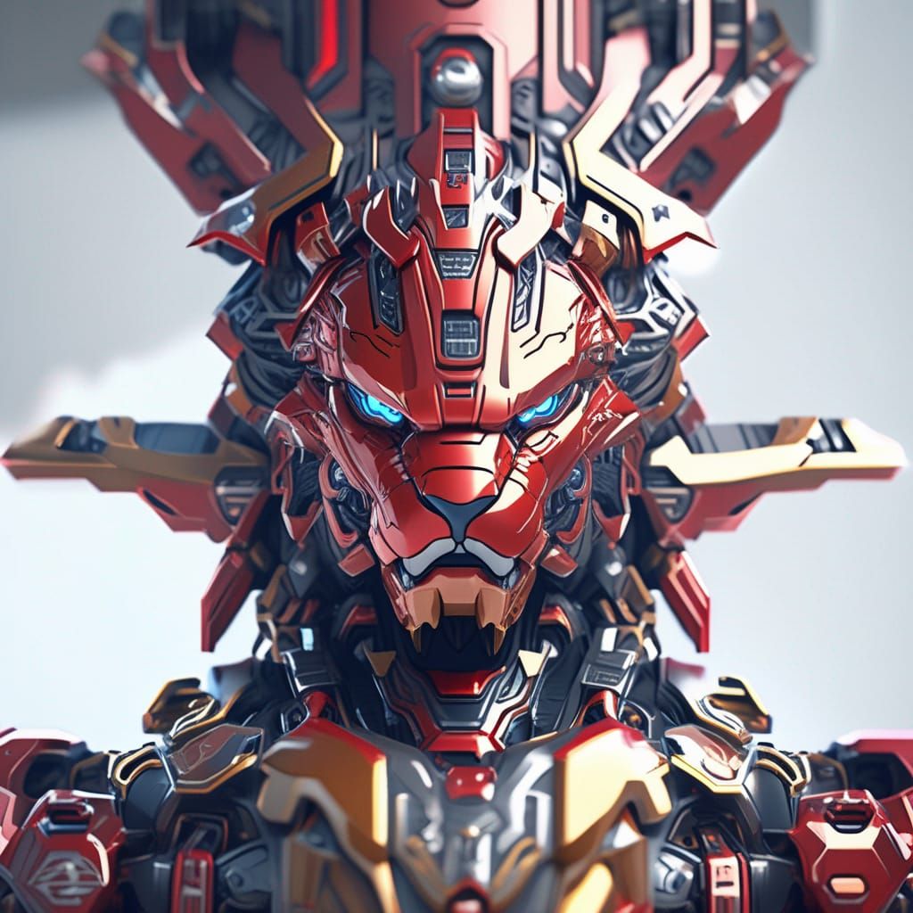 Red Mecha Lion God Mars in Anime Style