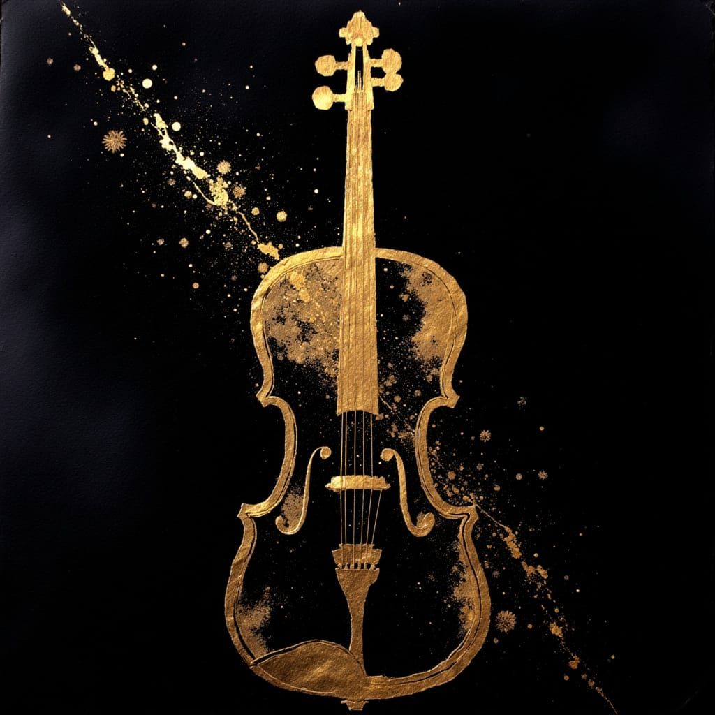 Elegant Violin in Black Ink with Gold Leaf Accents