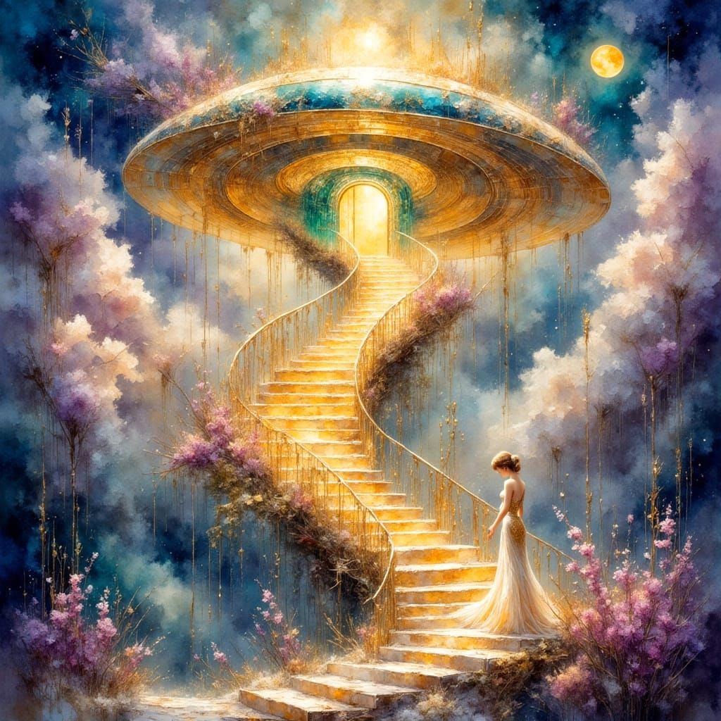 Woman Ascending to Spaceship in Impressionist Style