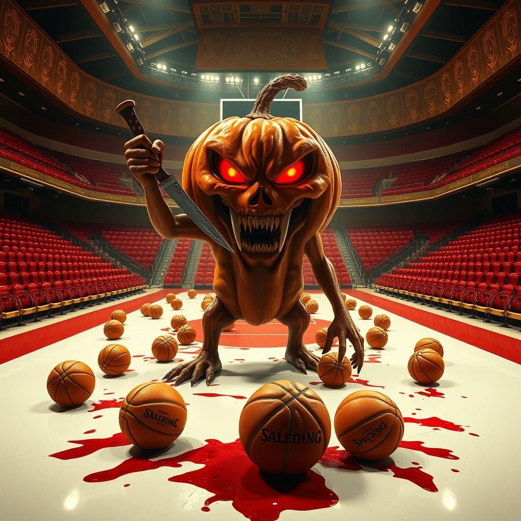 Menacing Pumpkin Attacks Basketballs in Luxury Stadium