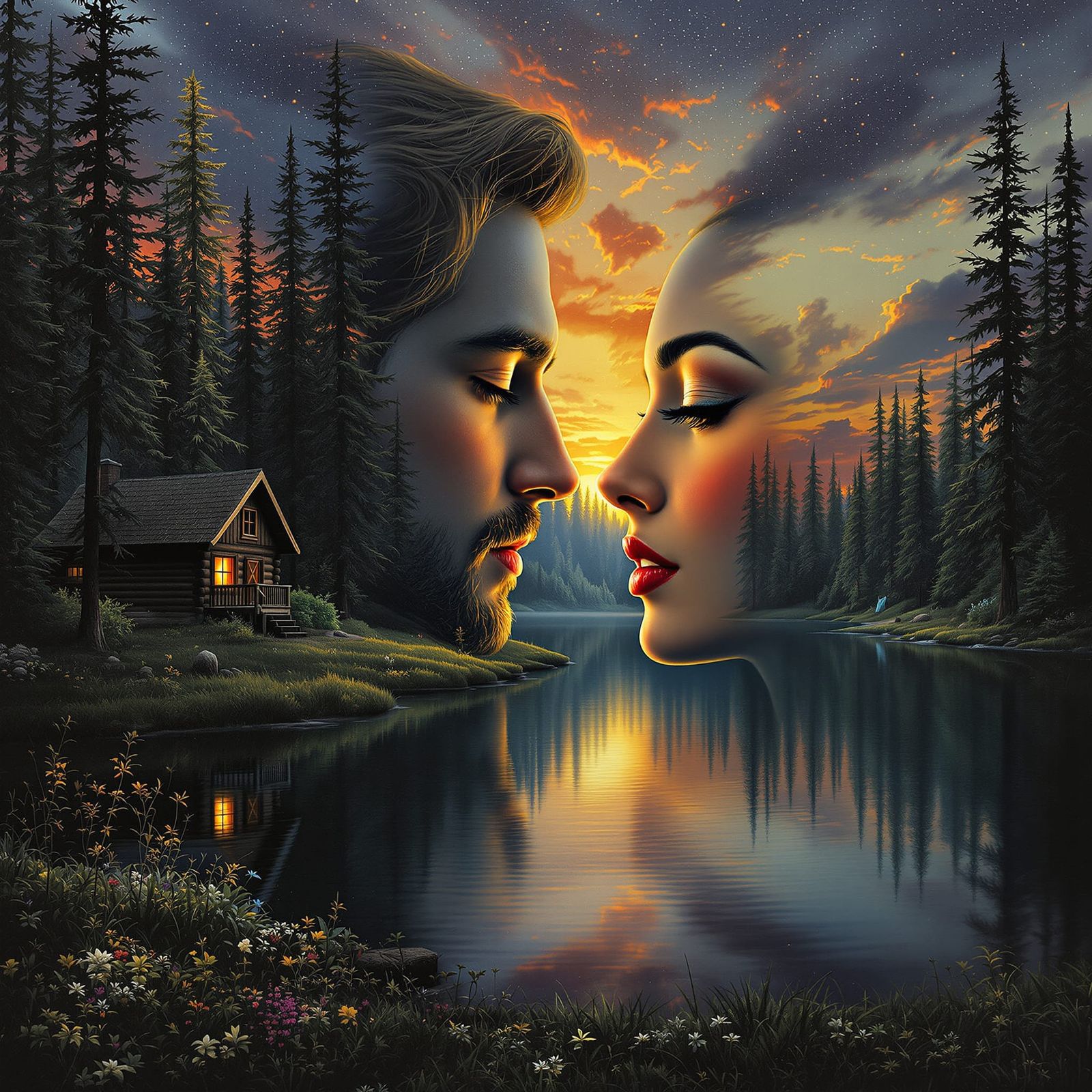 Surreal Love by Forest Lake at Sunset