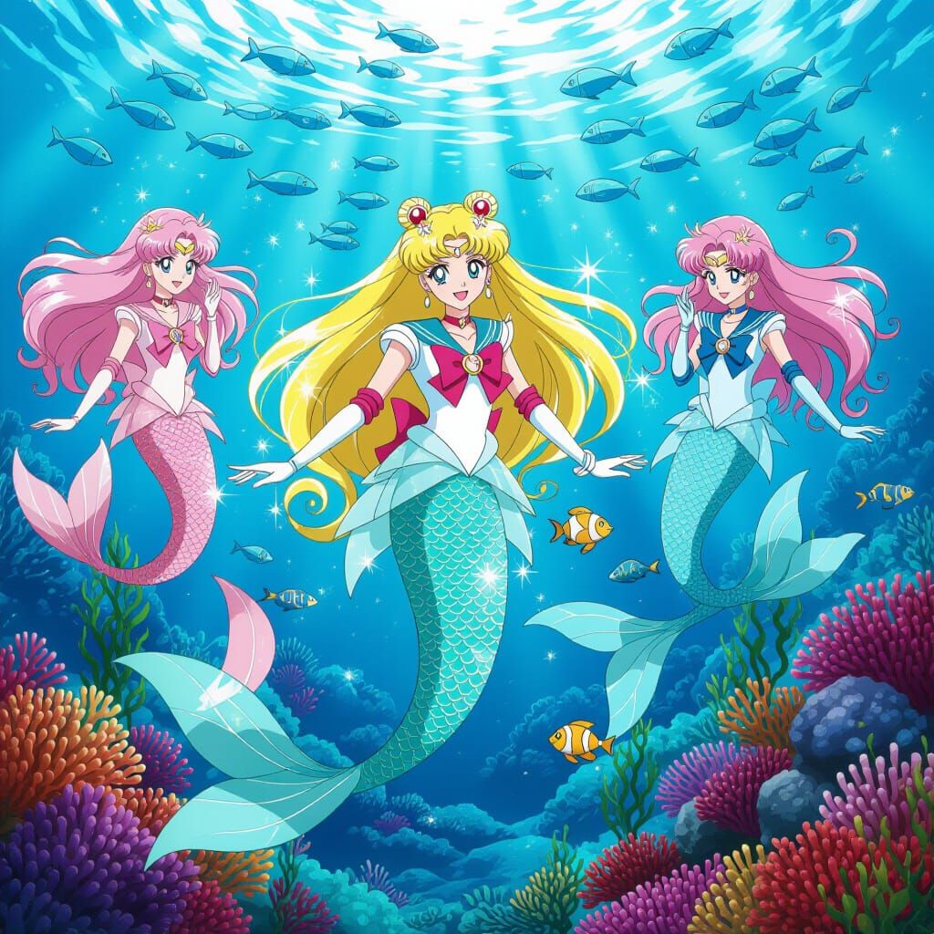 Sailor Moon Mermaid Meets Mermaids in Vibrant Ocean Anime