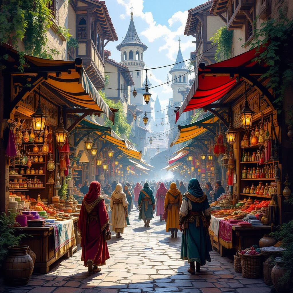Vibrant Medieval Fantasy Marketplace in Painterly Style