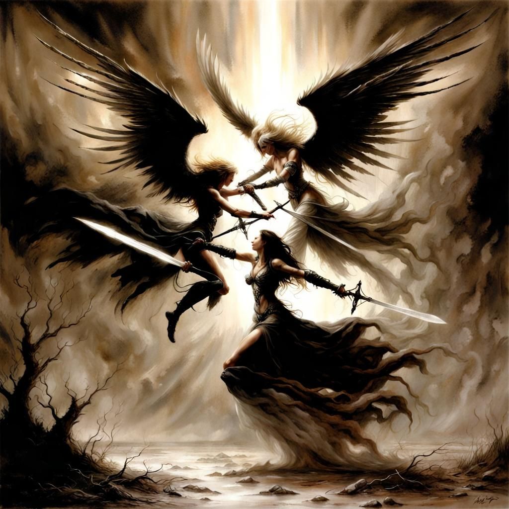 a battle between two fallen angels...Luis Royo style.