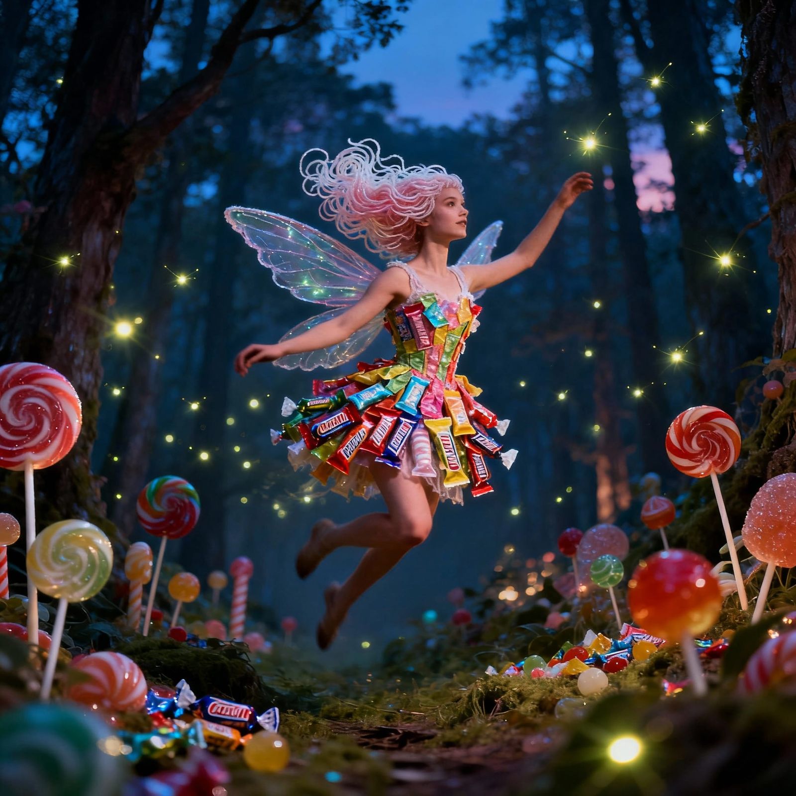 Whimsical Candy Fairy in Enchanting Twilight Forest