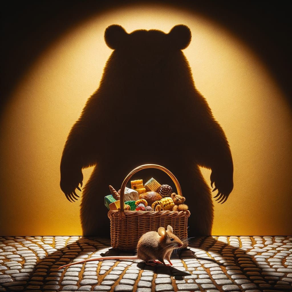 A tiny mouse looking up at giant bear holding a woven basket...