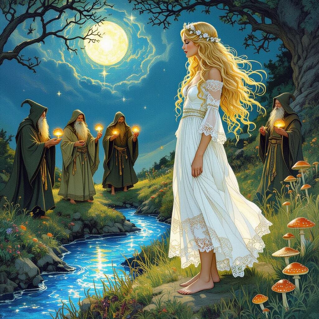 Mystical Fair Maiden on Hilltop with Druids and Magic Mushro...