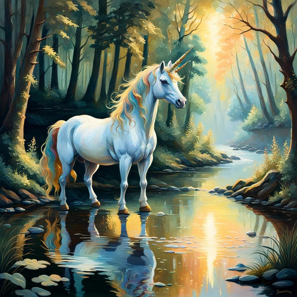 Unicorn Gazing at Reflection as Oil Painting