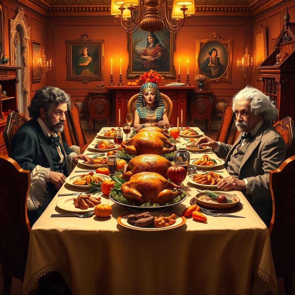 Thanksgiving Dinner with Historical Figures in Ornate Settin...
