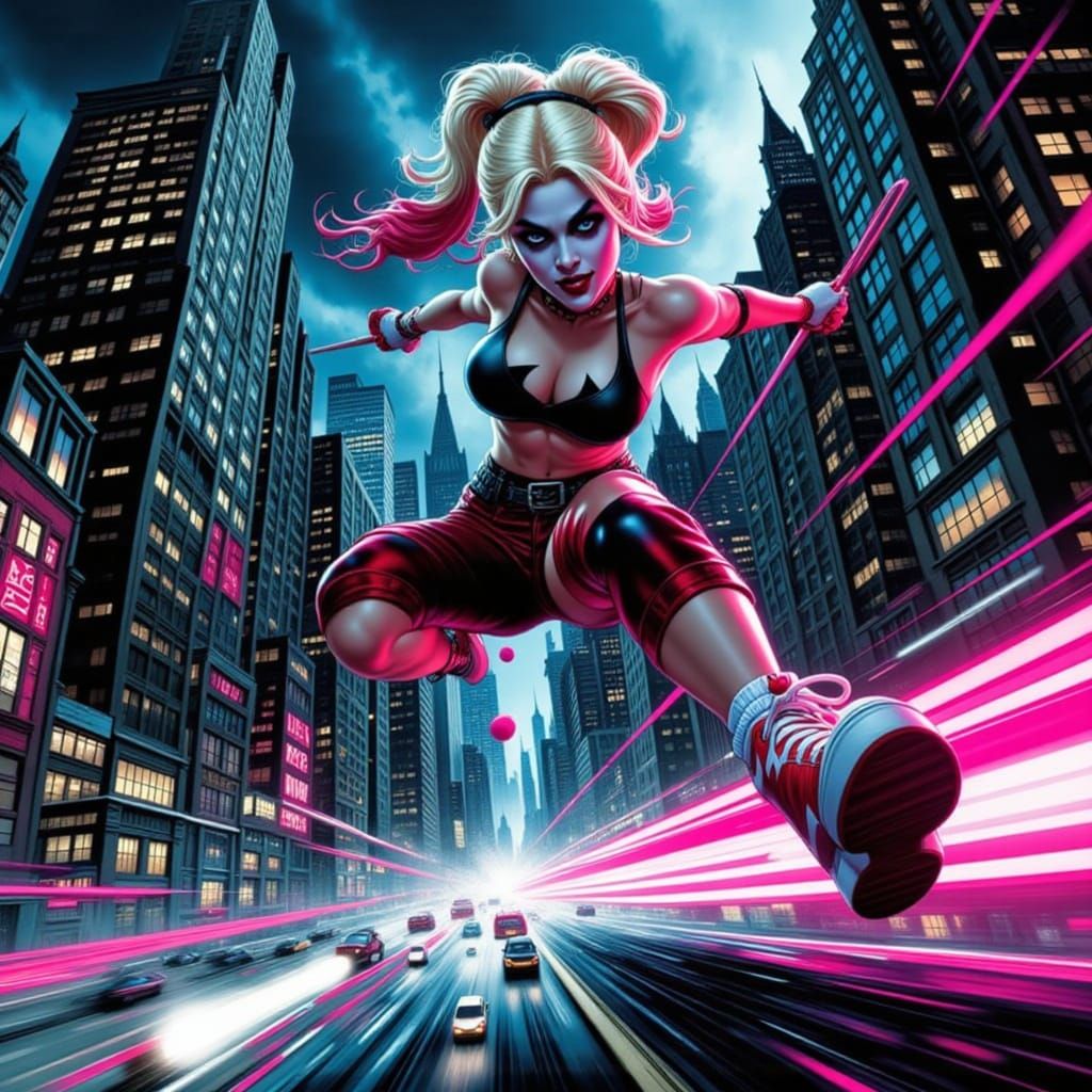 Harley Quinn Leaping Through Distorted Cityscape