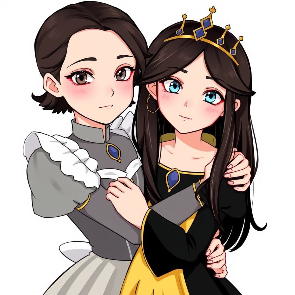 Regal Anime-Inspired Queens Hug in Elegant Style