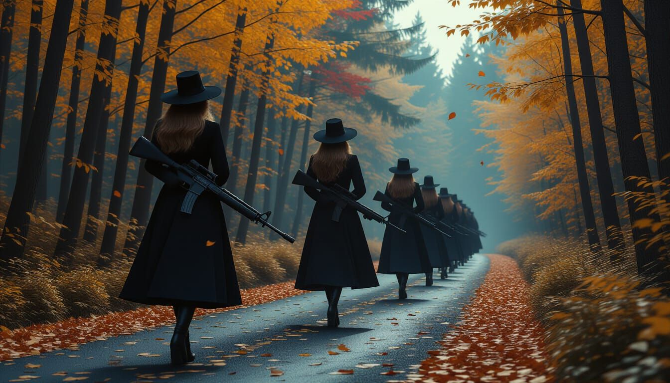 Tim Burton Style Autumnal Scene with Armed Women