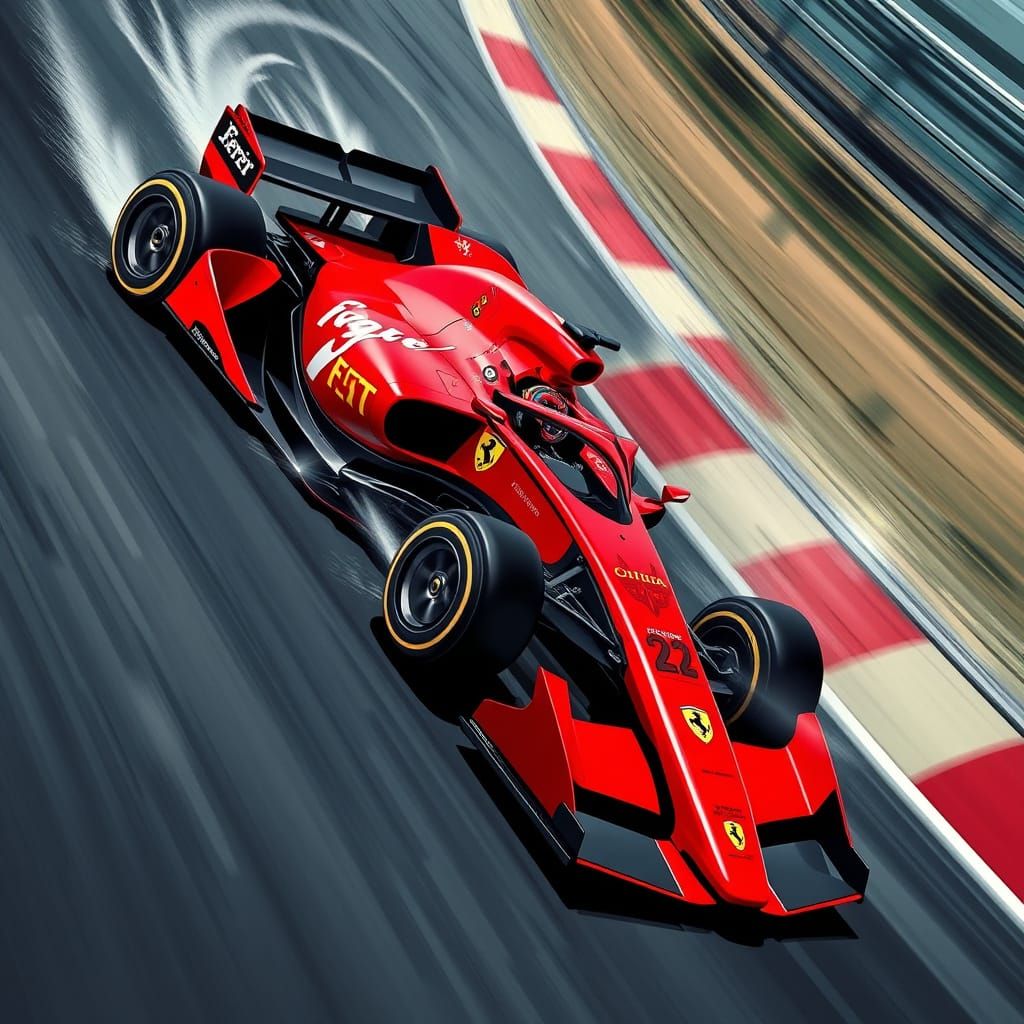 Futuristic Ferrari F1 Car Speeds Down Track in Vibrant Red a...