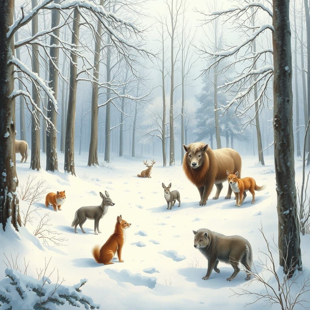 Serene Winter Wildlife in a Snowy Forest