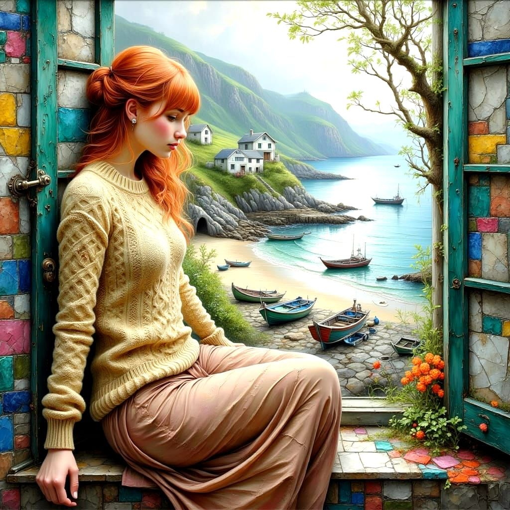 Irish Harbor View with Redhead, as Impasto Painting