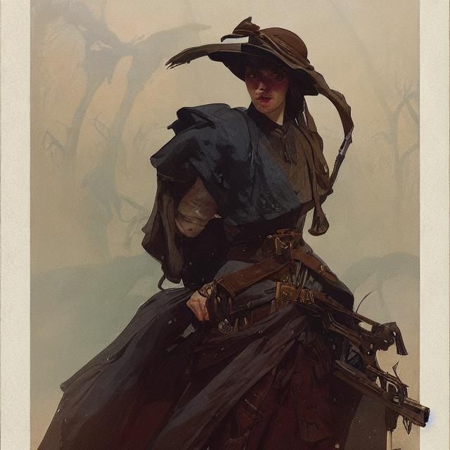 WW1 Witch Portrait with Cat and Raven