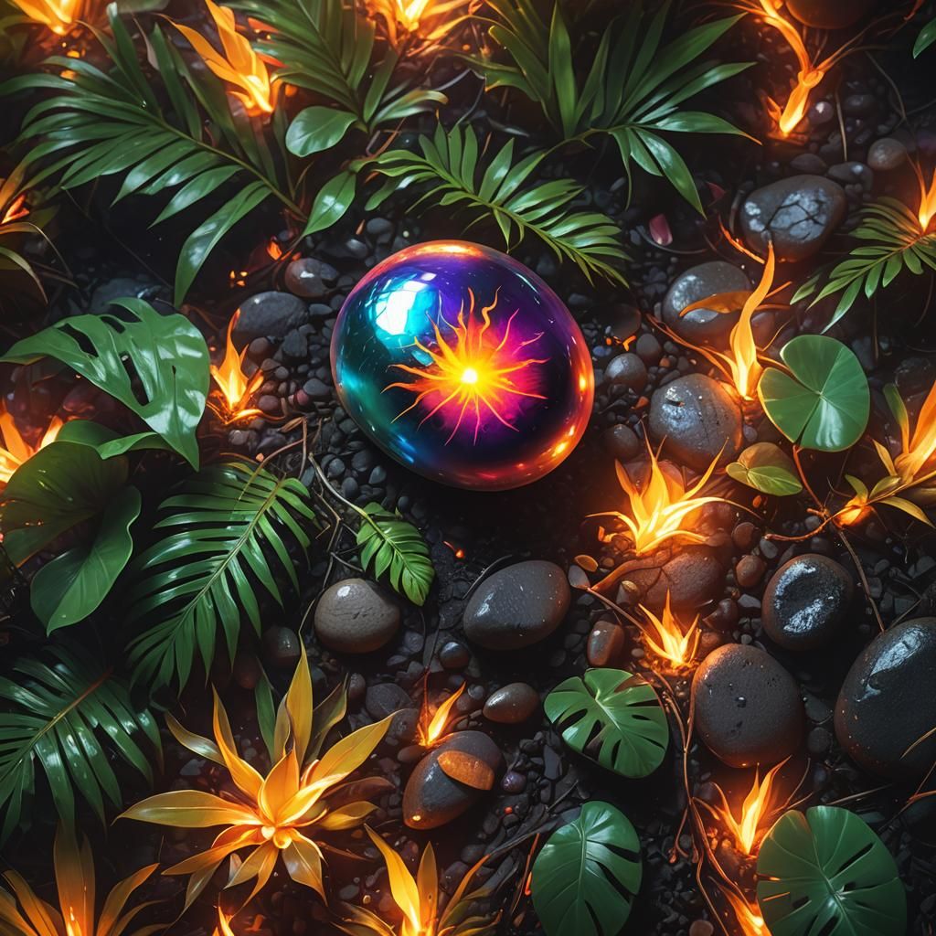 Mystical Being Holding a Glowing Pebble in Paradise